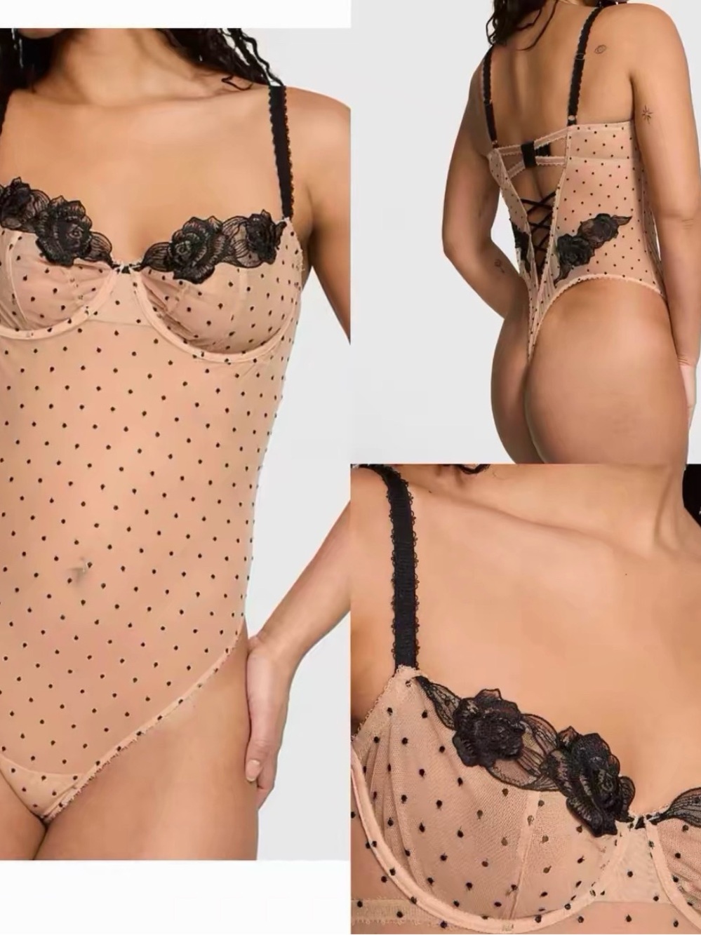 Victoria's Secret Nude and Black Polka Dot Lace-Trim Bodysuit